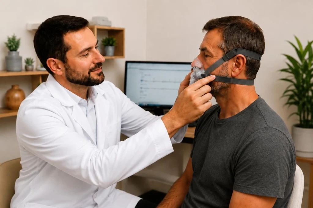 Profissional orientando paciente na adaptação da máscara de CPAP durante o acompanhamento do tratamento.